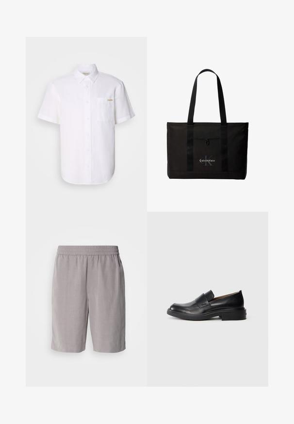 Witte short-sleeve button-up shirt van lichtgewicht stof, met een borstzak en een subtiele logo-detail. Gladde textuur en klassieke kraag.; Calvin Klein PULL ON - Shorts - steeple gray; Zwarte leren instap schoenen met een lage hak en subtiel Calvin Klein-logo aan de zijkant, weergegeven in profiel op een witte achtergrond.; Zwarte Calvin Klein totebag met twee lange handvatten en een voorvak, met het logo van het merk in wit en grijs.