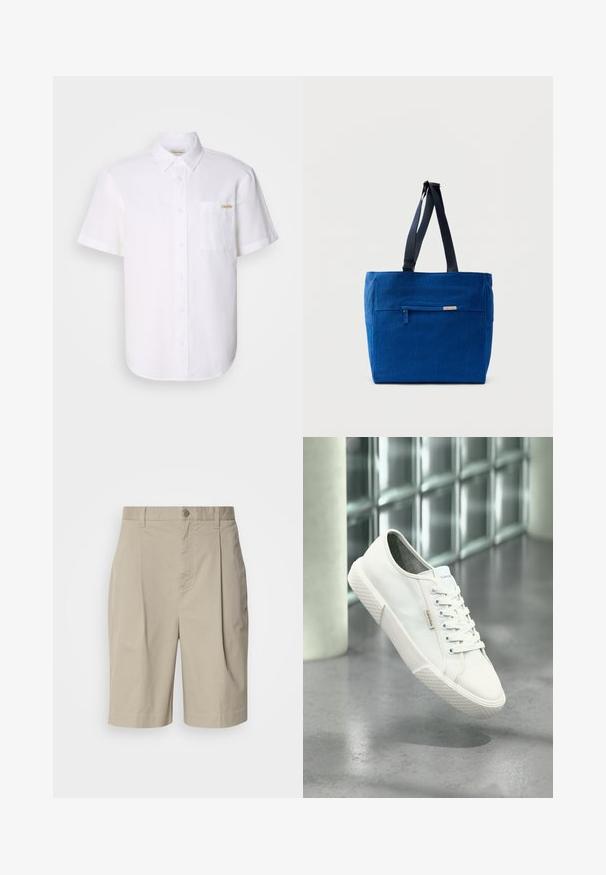 Weißes kurzärmeliges Hemd mit Knöpfen aus leichtem Stoff, mit einer Brusttasche und einem dezenten Logodetail. Sanfte Textur und klassischer Kragen.; Beige Baumwollshorts mit gefaltetem Vorderteil, Knopfverschluss am Bund und Seitentaschen. Glatte Textur und knielanger Schnitt.; Weißer Calvin Klein Low-Top-Sneaker mit Schnürsenkeln, Gummisohle und Logo-Tag, der über einem grauen polierten Boden in der Nähe einer Glasbausteinwand schwebt.; Blaue Canvas-Einkaufstasche mit einer vorderen Reißverschlusstasche, doppelten Schulterriemen und rechteckiger Form. Verfügt über ein dezentes Markenlabel.