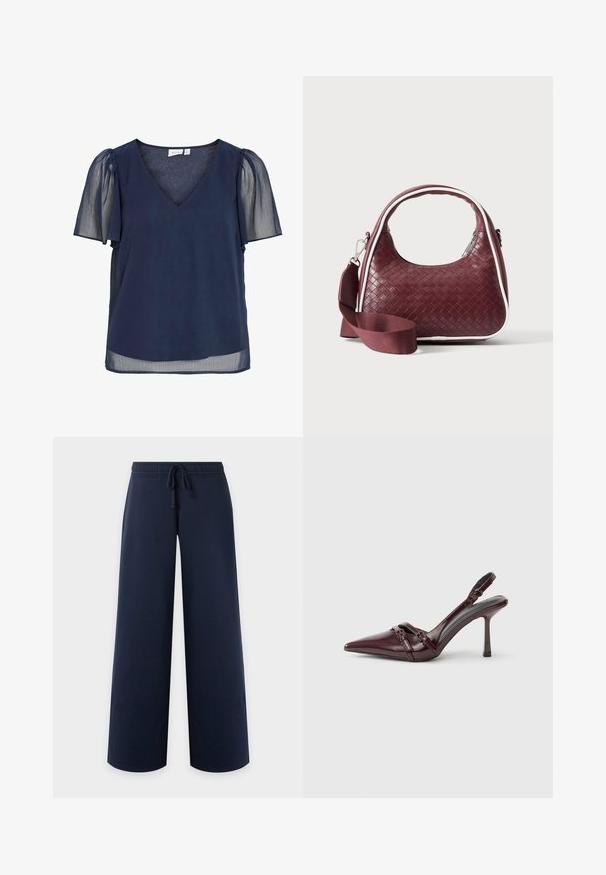 Blouse pour femme bleu marine avec col en V, manches courtes bouffantes transparentes et tissu léger offrant une apparence fluide et semi-transparente.; Pantalon bleu marine à jambe large, taille élastique et cordon, vu de face sur fond uni clair.; Escarpin slingback en cuir verni bordeaux avec bout pointu, fine bride à la cheville et petit détail décoratif de boucle. Texture lisse et talon haut.; Sac à main en cuir tressé marron foncé avec poignée courbée, garniture blanche, fermeture éclair argentée et bandoulière large en tissu amovible sur fond uni.