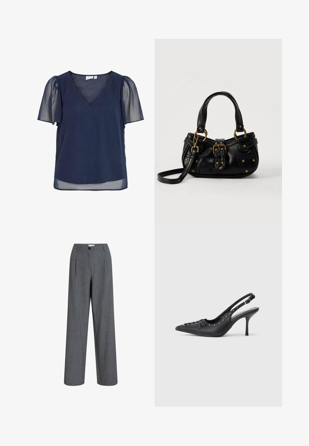 Blouse pour femme bleu marine avec col en V, manches courtes bouffantes transparentes et tissu léger offrant une apparence fluide et semi-transparente.; Pantalon gris taille haute cintré avec plis devant, passants pour ceinture, fermeture à boutons et jambes droites larges.; Escarpin en cuir noir à talon aiguille avec un bout pointu, une bride latérale à boucle, des clous le long du bord et un laçage décoratif à l'avant.; Sac à main en cuir noir avec boucle dorée et détails à rivets, poignées courtes et bandoulière réglable sur fond blanc uni.