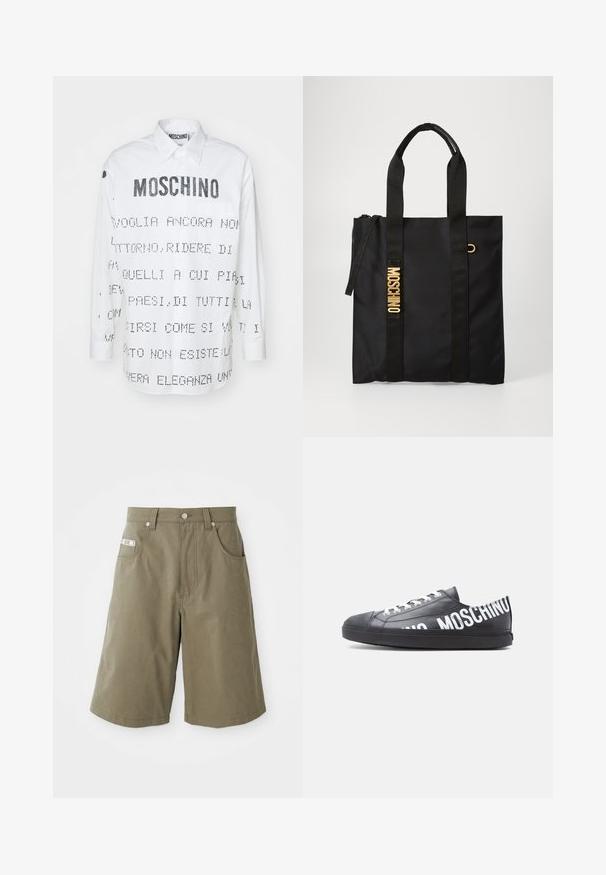 Hvid skjorte med lange ærmer og spidse krave, der har sort tekst og grafiske designs trykt på for- og bagside. Knappelukning.; MOSCHINO TAPE - Shorts - green; Sort lavt snøresko med hvide snørebånd og "MOSCHINO" trykt med store hvide bogstaver langs siden og på hælen.; Sort tote taske lavet af glat stof med to sorte håndtag, prydet med et guld "MOSCHINO" logo og en lynlåslukning.