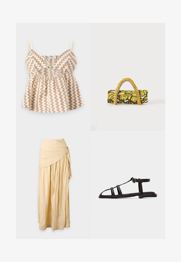 Top sans manches beige et marron à motif zigzag avec fines bretelles et petites perles colorées à l'encolure avant.; Longue jupe beige avec tissu froncé et détail de nœud torsadé sur le côté droit, présentée sur un fond uni.; Sandale plate marron foncé avec des brides texturées, boucle à la cheville et design à bout ouvert sur un fond clair uni.; Sac rectangulaire avec motif floral jaune et noir et anse tressée jaune et rose sur fond blanc.