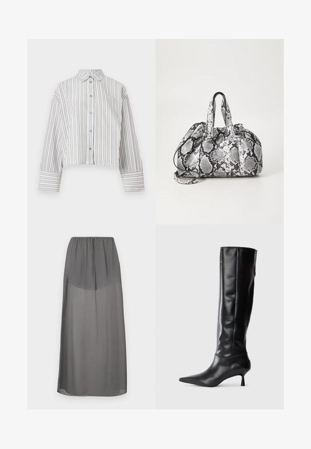 Chemisier court à manches longues avec des rayures verticales marron et blanches, devant boutonné, col et poche poitrine.; Jupe maxi grise avec une ceinture élastique, fabriquée en tissu léger et transparent. Elle présente une texture lisse et une coupe longue jusqu'au sol.; Botte en cuir noir hautes jusqu'au genou avec un bout pointu et un talon fin et courbé. Texture lisse, design ajusté, sans matériel ni motifs visibles.; Sac à main en motif peau de serpent noir et blanc avec deux poignées, une fermeture à cordon et une bandoulière amovible. Texture lisse.