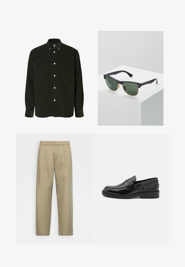 Mørkegrøn fløjlsbluse med lange ærmer, hvide knapper og krave med knapper, vist mod en hvid baggrund.; Beige, højtsiddende bukser med lige snit, med flad forkant, sidelommer og et glat, tekstureret stof.; Sorte læder loafers med en glat finish, rund tå, lav hæl og dekorativ syning langs forsiden. Gummisål for godt greb.; Ray-Ban solbriller med grønne linser, sorte plastikstel og gyldne detaljer ved kanterne. Firkantet form med mat finish.