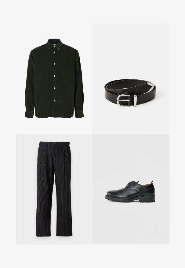 Mørkegrøn fløjlsbluse med lange ærmer, hvide knapper og krave med knapper, vist mod en hvid baggrund.; Jack & Jones Classic Wide Leg Fit - Bukser - black; Sorte læder derby-sko med en glat overflade, rund tå, snøre-design og en tyk, robust gummisål.; Sort læderbælte med en sølvmetalsnore, der har et klassisk design og en glat tekstur. Indeholder huller til justerbar pasform.