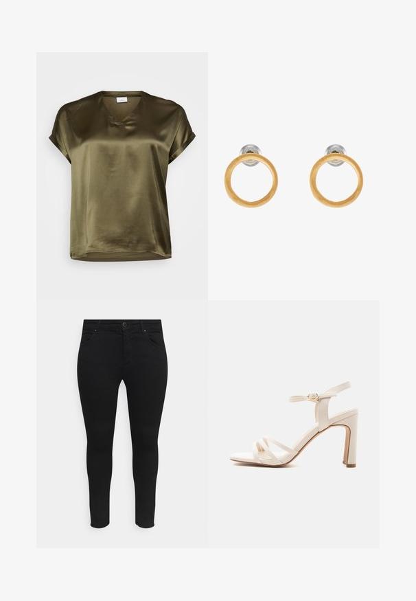 Blusa corta de manga corta en verde oliva con escote en V. Está hecha de una tela suave y sedosa, con corte recto y puños de manga enrollados.; Vaqueros skinny negros hechos de una tela elástica, con bolsillos delanteros, cierre de botón y un diseño elegante sin patrones ni adornos visibles.; Sandalia beige de tacón alto con tres finas tiras delanteras, correa en el tobillo con hebilla dorada y tacón ancho sobre fondo blanco.; Pendientes de metal en tono dorado con acentos circulares de madera, con una textura suave y un diseño minimalista. La silueta enfatiza la simplicidad.