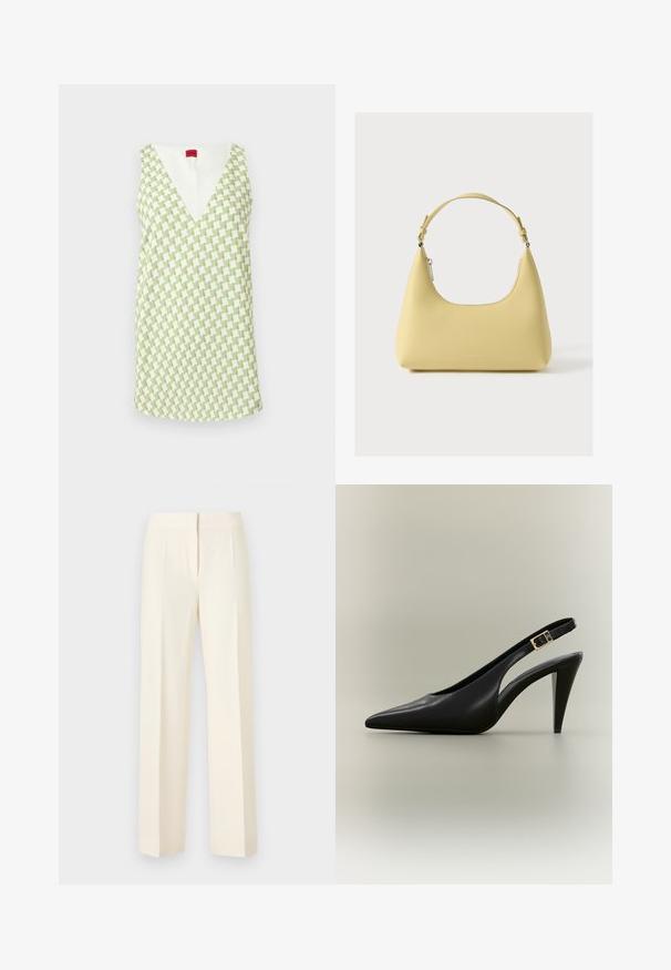 Robe sans manches à décolleté en V profond, avec un motif pied-de-poule vert et blanc, présentée sur un fond uni.; Pantalon droit sur mesure couleur blanc cassé avec pli avant, ceinture et fermeture avant dissimulée sur un fond uni.; Escarpin à bride arrière en cuir noir avec bout pointu, boucle dorée et talon effilé sur un fond neutre.; Sac à main en cuir jaune avec une silhouette incurvée, une bandoulière courte réglable et un compartiment zippé. Présente un logo subtil à l'avant.