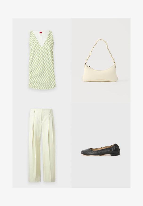 Robe sans manches à décolleté en V profond, avec un motif pied-de-poule vert et blanc, présentée sur un fond uni.; Pantalon ample couleur crème avec fines rayures verticales, plis à l'avant, poches latérales, et passants pour ceinture.; Ballerines en cuir noir avec un bout arrondi et des coutures minimales. Talon bas et rectangulaire avec une texture lisse. Détails subtils de doublure intérieure.; Petit sac à main couleur crème avec une forme incurvée et une poignée en chaîne torsadée ton or, fermeture éclair sur le dessus