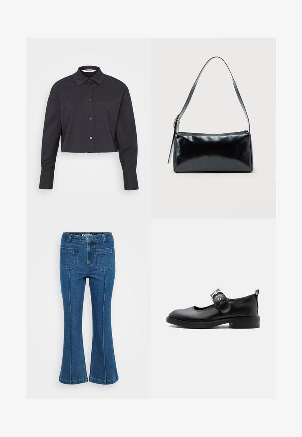 Afskåret sort ternet skjorte lavet af vævet stof, med knaplukning foran, lange ærmer og en brystlomme.; Blå denim højtaljede jeans med frontlommer, syninger ned ad benene og en let flare ved anklerne.; Sort læder Mary Jane-sko med tyk sål, rundet tå, sølvspænde og trækflig bagpå.; Sort rektangulær skuldertaske med en enkelt justerbar rem og lynlås i toppen på en ensfarvet baggrund.