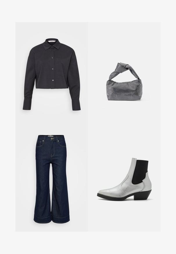 Gekürztes schwarzes kariertes Hemd aus gewebtem Stoff, mit Knopfleiste, langen Ärmeln und einer Brusttasche.; Dunkelblaue, weite Denim-Jeans mit vorderem Knopf, Reißverschluss und Fünf-Taschen-Design, auf einem schlichten, hellen Hintergrund präsentiert.; ONLY SHOES ONLBRONCO SHORT - Cowboy-/Bikerstiefelette - silver; Schwarz-silberne Handtasche mit einer strukturierten Oberfläche, die ein Diamantmuster aufweist, einem geknoteten Griff und einer strukturierten Form.