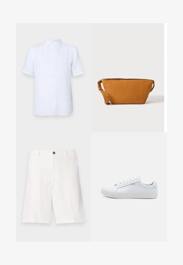 Witte korte mouwen shirt van linnen, met een knoopsluiting aan de voorkant, een zachte textuur en een subtiele glans. De knopen zijn lichtgeel.; Witte bermuda shorts van lichtgewicht stof met een relaxte pasvorm, voorzien van een enkele bruine knoop en voorzakken.; Witte leren sneakers met een gladde afwerking, laagmodel ontwerp, ronde neus en platte rubberen zool. Voorzien van platte veters en minimale merkpresentatie.; Lichtbruine leren crossbodytas met verstelbare band en ritssluiting, getoond tegen een effen lichte achtergrond.