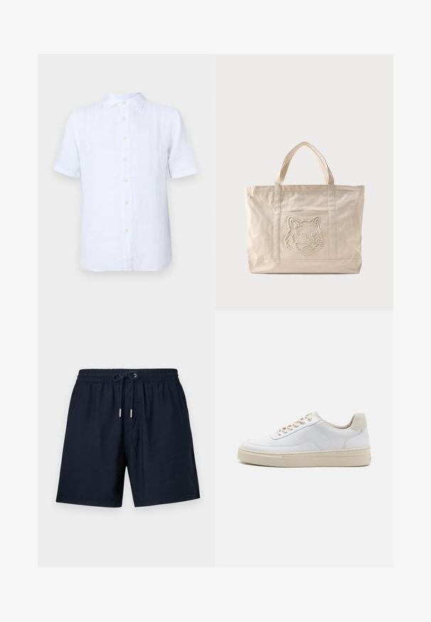 Chemise blanche à manches courtes en lin, avec un devant boutonné, texture douce et éclat subtil. Les boutons sont de couleur jaune pâle.; Shorts bleu marine en tissu léger, dotés d'une taille élastique avec cordon de serrage et embouts métalliques argentés, ainsi que poches latérales.; Sneaker blanche avec un dessus en cuir lisse, des lacets beige et un onglet de talon en daim beige texturé. Semelle surélevée pour une hauteur supplémentaire.; Sac fourre-tout en toile beige avec doubles anses et un motif en relief de tête de loup sur la poche avant.