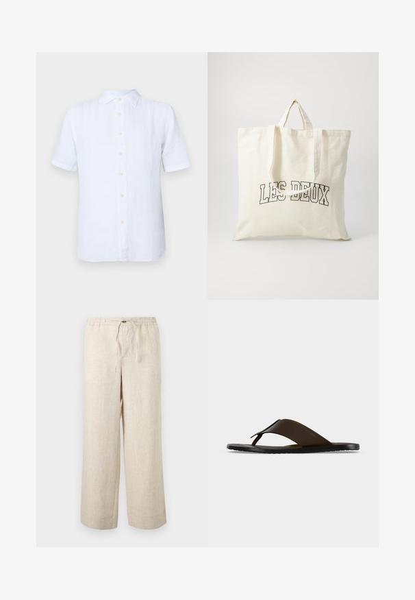 Camisa blanca de mangas cortas hecha de lino, con un frente abotonado, textura suave y un ligero brillo. Los botones son de un amarillo pálido.; Pantalones anchos de lino beige con cintura elástica, botón frontal y cierre de cordón, mostrados sobre un fondo claro y liso.; Sandalia chancla de cuero marrón oscuro con correa ancha en el tobillo y suela plana negra mostrada de perfil sobre fondo gris.; Bolsa de lona en color blanco roto, con asas cortas y el texto impreso "LES DEUX" en letras negras en negrita. Diseño duradero y sencillo.