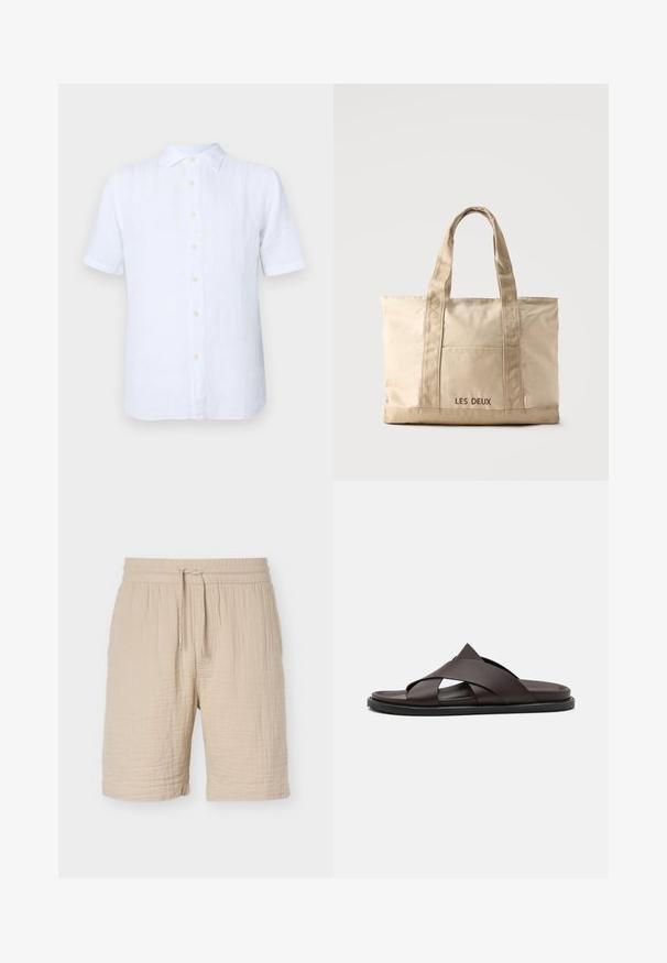 Hvid kortærmet skjorte lavet af hør, med knaplukning foran, blød tekstur og subtil glans. Knapperne er lys gule.; Beige bomuldsblandede shorts med elastisk taljebånd, justerbar snøre, tekstureret stof og knælængde.; Stuart Weitzman BERKLEY - Slip-on sandaler - espresso; Beige lærredstaske med to håndtag og en forlommer, "LES DEUX" broderet på lommen.