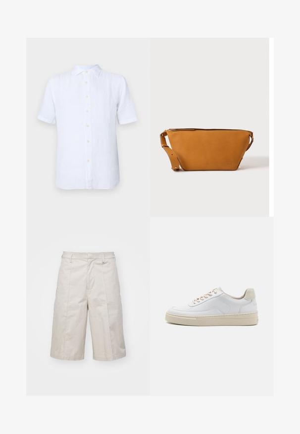 Witte korte mouwen shirt van linnen, met een knoopsluiting aan de voorkant, een zachte textuur en een subtiele glans. De knopen zijn lichtgeel.; Beige katoenen shorts met een rechte snit, knie-lang, met twee voorzakken en subtiele plooien voor extra textuur.; Witte sneaker met een gevoerd leren bovenwerk, beige veters en een gestructureerde beige suede hieltab. Verhoogde zool voor extra hoogte.; Lichtbruine leren crossbodytas met verstelbare band en ritssluiting, getoond tegen een effen lichte achtergrond.