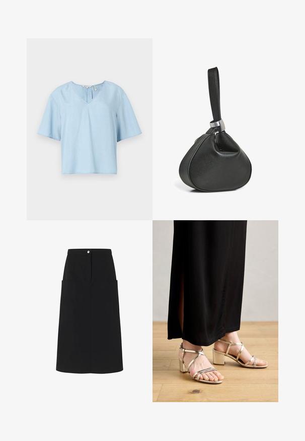 Svetlomodrý krátky rukáv top vyrobený z mäkkého materiálu. Má V-výstrih, uvoľnený strih a viditeľné stehy na leme.; Modström SKIRT - Puzdrová sukňa - black; Zlaté sandále na vysokom podpätku s blokovým podpätkom, so metalickým povrchom, remienkom okolo členka a otvorenou špičkou. V kombinácii s čiernou maxi sukňou.; Pieces AMY - Kabelka - black