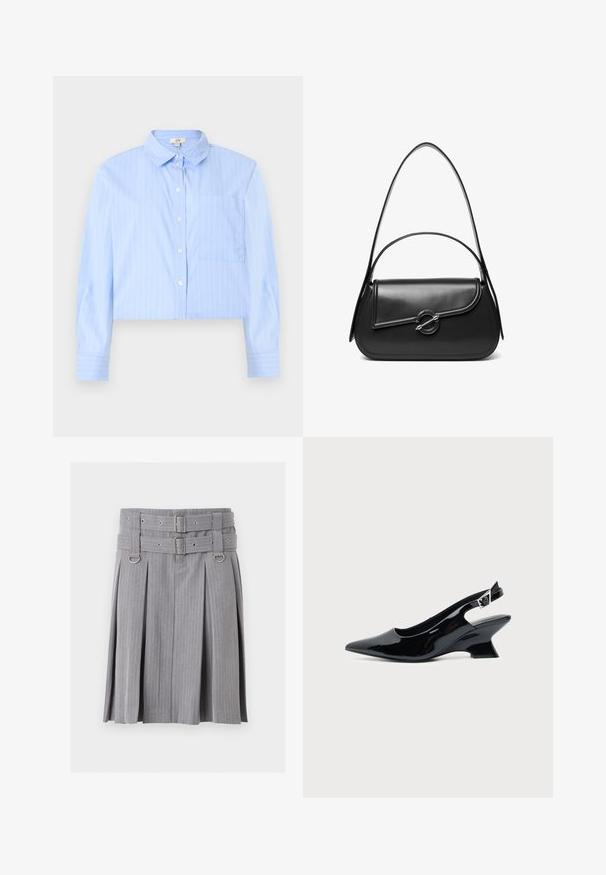 Chemise courte bleu clair à rayures verticales blanches fines, manches longues, col et poche poitrine.; Jupe plissée grise à fines rayures avec double ceinture et détails de boucles argentées, présentant des accents anneaux en D à la taille.; Chaussure slingback en cuir verni noir avec bout pointu et petit talon bloc incliné sur fond clair uni.; Sac à bandoulière en cuir noir avec un rabat incurvé fermé par un fermoir métallique rond et une sangle fine et ajustable.