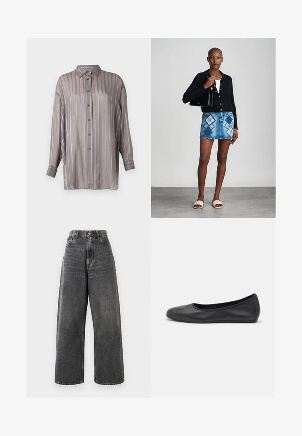 Chemise boutonnée gris clair avec des rayures verticales, manches longues et col. Fabriquée dans un tissu lisse et légèrement transparent.; Jean à taille haute et jambes larges en denim noir délavé avec poches avant, passants de ceinture et fermeture à bouton en cuivre.; Ballerines en cuir noir avec un bout rond, texture lisse, détails de couture minimalistes et design de semelle flexible.; Un cardigan en maille noir, un haut blanc, une jupe en denim avec un motif de diamants bleus et noirs, un sac à main noir et des sandales à enfiler beiges.