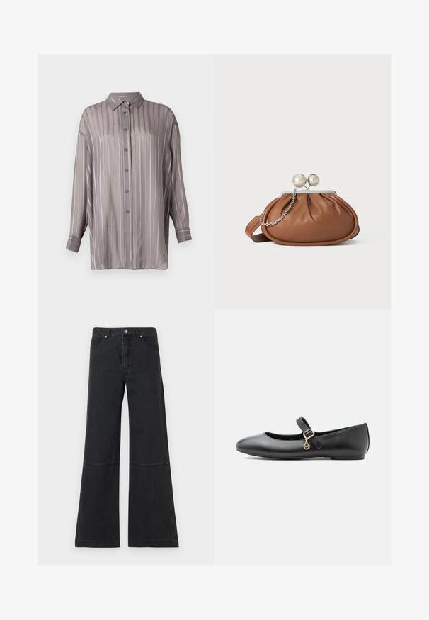 Chemise boutonnée gris clair avec des rayures verticales, manches longues et col. Fabriquée dans un tissu lisse et légèrement transparent.; Jeans noirs à jambes larges en denim, avec une taille haute, des poches avant, et un détail de couture subtil au niveau des genoux. Fermeture par bouton en métal.; Chaussure plate Mary Jane en cuir noir avec une petite boucle dorée et un charme circulaire sur fond blanc.; Pochette en cuir marron avec un fermoir à boule en argent et un petit détail en chaîne argentée sur fond blanc.
