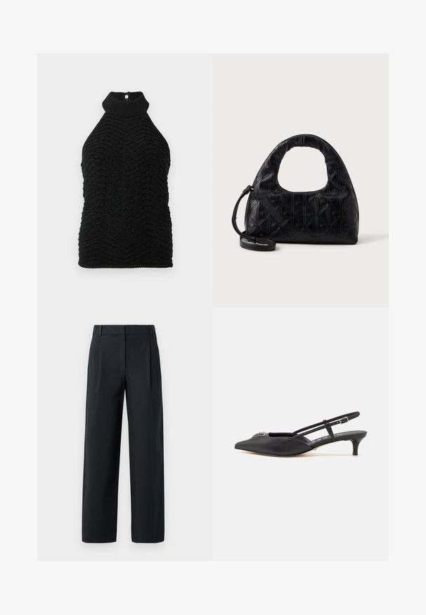 Haut sans manches noir en tricot à col roulé avec un motif en chevron texturé et un subtil éclat, posé à plat sur un fond blanc.; Pantalon noir ajusté avec une coupe droite, présentant des plis avant, une texture lisse et des passants de ceinture. Pas de poches visibles.; Chaussures noires à talon slingback avec un bout pointu, en matériau lisse, dotées d'un petit talon et d'un accent décoratif en argent sur le dessus.; Sac à main en cuir noir avec une anse supérieure incurvée, un motif en diamant subtile, et une bandoulière détachable. La texture est lisse avec des détails embossés.