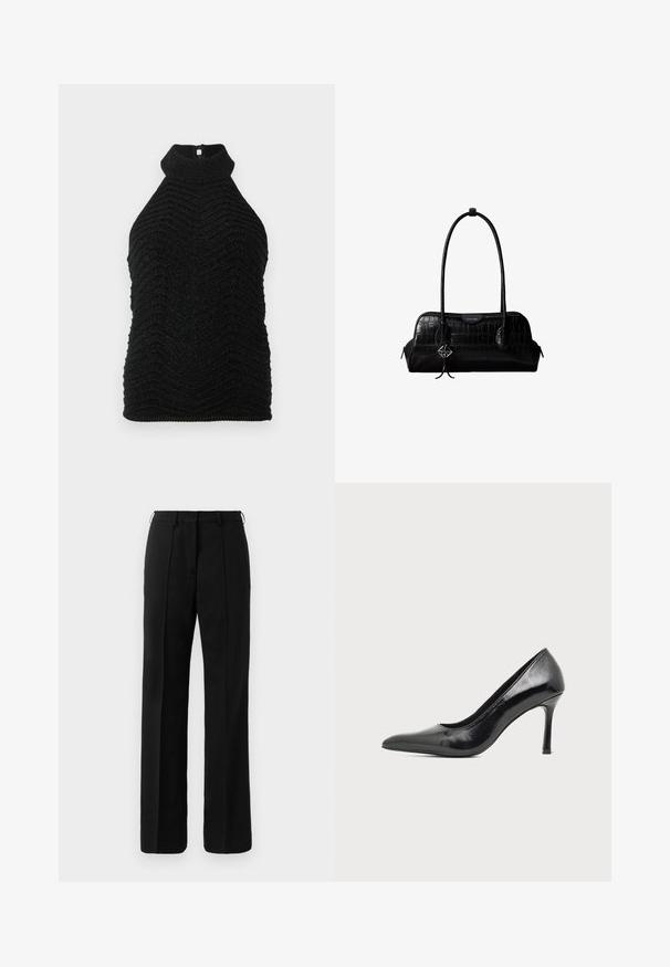 Haut sans manches noir en tricot à col roulé avec un motif en chevron texturé et un subtil éclat, posé à plat sur un fond blanc.; Pantalons droits noirs sur mesure avec passants de ceinture et pli sur le devant, présentés sur un fond neutre.; Chaussure à talon haut pour femme en cuir verni noir avec bout pointu et talon fin sur fond clair uni.; Sac à épaule en cuir noir à texture crocodile, avec de longues sangles et un petit charm logo argenté sur une sangle.