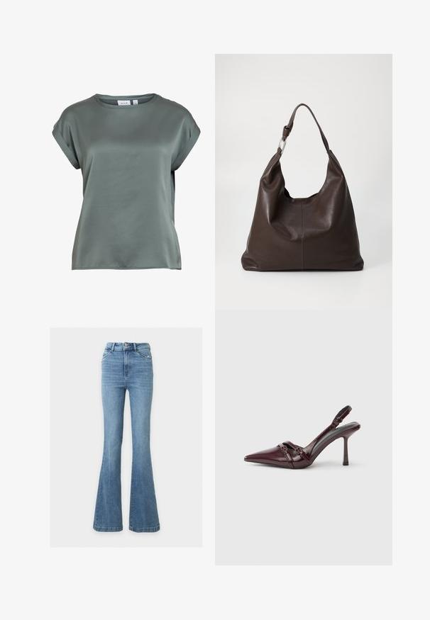 Blouse en satin à manches courtes vert atténué avec encolure ronde et poignets de manches repliés, étiquette de la marque visible à l'intérieur du col.; Jean en denim bleu taille haute avec jambes évasées, deux poches avant, passants de ceinture et fermeture double par boutons.; Escarpin slingback en cuir verni bordeaux avec bout pointu, fine bride à la cheville et petit détail décoratif de boucle. Texture lisse et talon haut.; Zign by Zalando LEATHER - Cabas - chocolate brown