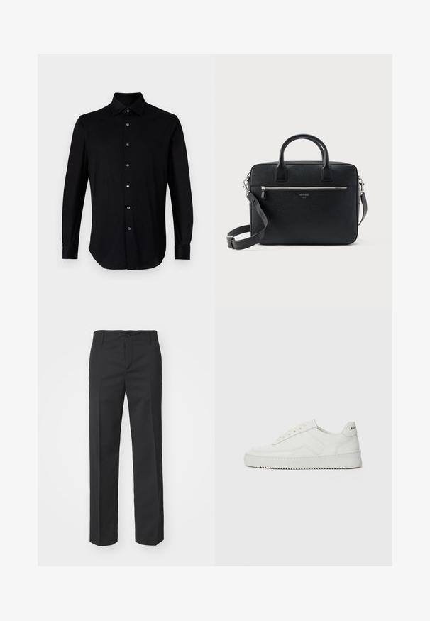 Sort langærmet skjorte med knapper og spidse krave samt knapmanchetter på en plain hvid baggrund.; Filippa K TROY TROUSERS - Bukser - black; Hvide lædersneakers med en glat overflade, rund tå, flade snørebånd og en tekstureret sål. Har et diskret logo på hælen.; Sort struktureret rektangulær lædermappe med dobbelthåndtag, lynlåslomme foran og justerbar skulderrem vist på hvid baggrund.