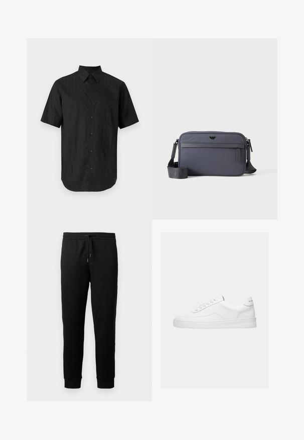 Chemise noire à manches courtes avec un motif discret en forme de losange et un col classique, présentée sur un fond clair uni.; Pantalons de jogging noirs en tissu doux avec une taille élastique et un cordon de serrage. Présente des jambes fuselées avec des poignets côtelés.; Baskets basses blanches avec un design à lacets, dessus en cuir lisse et semelle épaisse, montrées de profil sur un fond uni.; Sac bandoulière rectangulaire gris avec poche zippée devant, sangle d’épaule réglable et petit logo noir au centre avant.