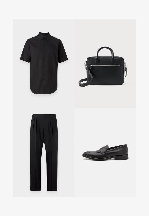 Chemise noire à manches courtes avec un motif discret en forme de losange et un col classique, présentée sur un fond clair uni.; Pantalon noir sur mesure avec des plis à l'avant, passants de ceinture et ourlets retroussés, présenté sur un fond clair uni.; Mocassin en cuir noir avec une finition lisse, une sangle décorative sur le dessus, un bout rond et un petit talon empilé.; Serviette rectangulaire en cuir noir texturé avec double poignée, poche avant zippée et bandoulière réglable présentée sur fond blanc.