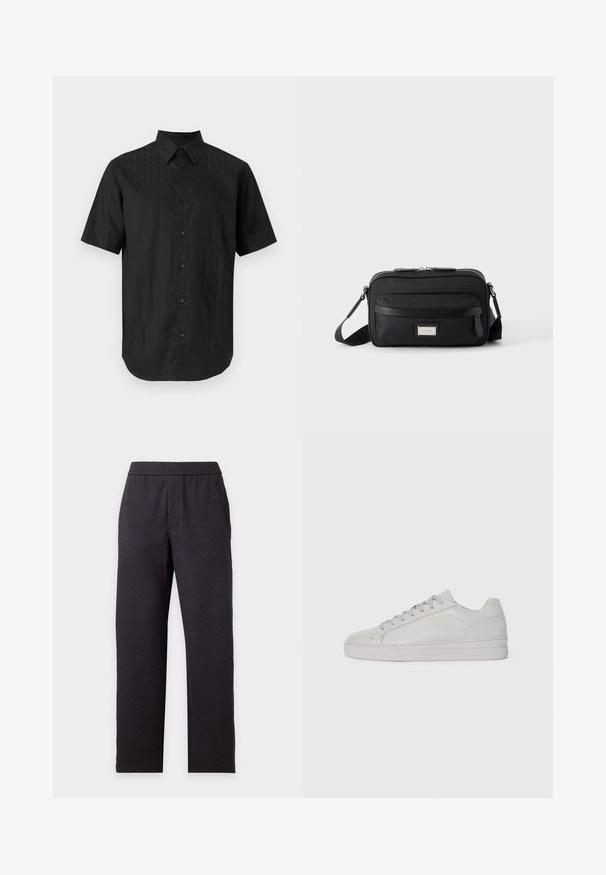 Chemise noire à manches courtes avec un motif discret en forme de losange et un col classique, présentée sur un fond clair uni.; Pantalon noir coupe droite avec un motif texturé subtil et des poches latérales, présenté sur un fond clair uni.; Baskets en cuir gris clair avec une texture lisse, bout arrondi, semelle en caoutchouc plate et lacets ton sur ton. Présente un minimalisme de la marque en doré.; Sac bandoulière rectangulaire noir avec poche avant zippée, sangle réglable et plaque logo rectangulaire argentée sur fond uni.