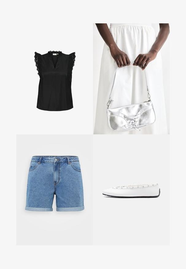Sort ærmeløs top med høj hals og delikate blonde-flæse detaljer på skuldrene, med en subtil, glat tekstur.; Lysblå denimshorts med opfoldet kant, fem-lomme design, knaplukning og syede detaljer. Fremstillet af bomuldsstof.; Hvid læderballerina med snøredetalje og metaløjer, vist i sideprofil mod en ensfarvet lys baggrund.; Sølvmetallic håndtaske med snøredetaljer, der har et slankt design og en kort strop. Tasken holdes i hænderne for at fremvise dens tekstur.