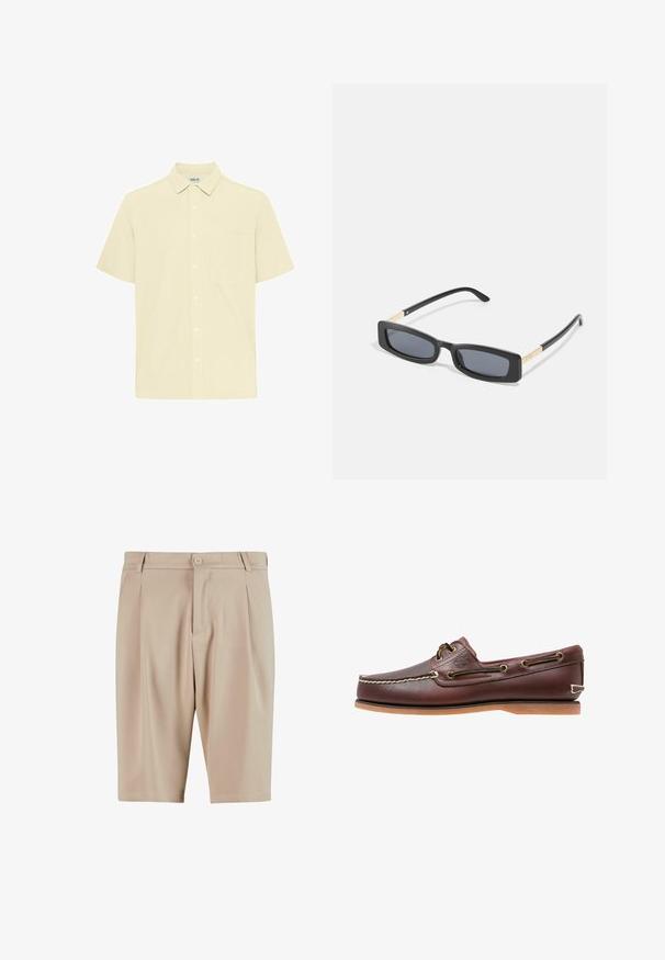 Chemise à manches courtes en tissu texturé jaune clair. Elle présente un col boutonné, une poche frontale et une patte de boutonnage sur le devant.; Shorts beige ajustés avec plis, dotés d'une fermeture à bouton et d'un design classique. Texture lisse, coupe longueur genou, sans poches visibles.; Chaussure bateau en cuir marron avec coutures blanches, détails de lacets et semelle en caoutchouc beige, vue de côté sur fond blanc.; Lunettes de soleil noires rectangulaires avec des verres foncés. Les branches fines et plates présentent un accent doré. Monture en plastique lisse avec une finition mate.