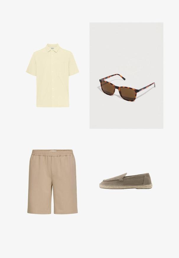 Chemise à manches courtes en tissu texturé jaune clair. Elle présente un col boutonné, une poche frontale et une patte de boutonnage sur le devant.; Shorts à taille élastique beige avec une coupe droite, longueur mi-cuisse, sans poches visibles ni motifs.; Espadrille beige en daim à enfiler avec détails cousus et semelle en jute tressée, montrée de profil sur fond blanc.; Lunettes de soleil écaille de tortue avec des verres marron, forme carrée et branches fines. Présentent la marque "Lacoste" sur les branches. Texture plastique lisse.