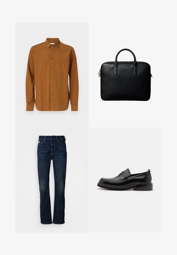 Chemise à manches longues marron en tissu lisse, dotée d'un col classique et de sept boutons à l'avant, avec des manches à poignets droits.; Jean en denim bleu foncé avec une coupe droite, présentant une légère décoloration, une fermeture à bouton et un style traditionnel à cinq poches.; Calvin Klein MOCCASIN - Mocassins de ville - black; Mallette en cuir noir texturé avec double poignées et tirettes de fermeture éclair argentées, centrée sur fond blanc.