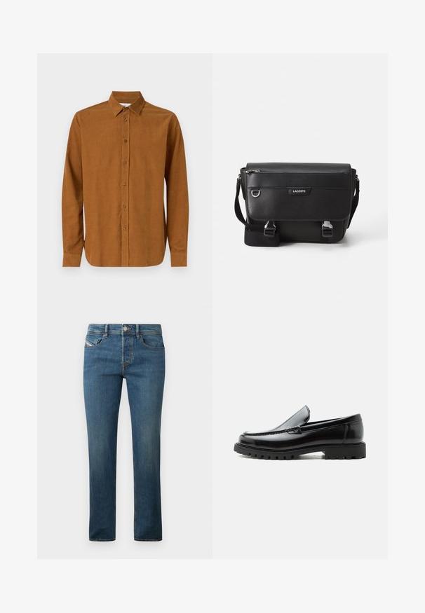 Chemise à manches longues marron en tissu lisse, dotée d'un col classique et de sept boutons à l'avant, avec des manches à poignets droits.; Jean en denim bleu foncé avec une coupe droite, style à cinq poches et un léger délavage. Présente un bouton métal et des passants de ceinture.; Mocassin en cuir noir avec semelle en caoutchouc épaisse, dessus cousu et nom de marque embossé sur le talon, présenté de profil sur fond blanc.; Sac messager Lacoste noir texturé avec bandoulière ajustable, rabat avant, poche zippée et fermetures à boucle en métal.