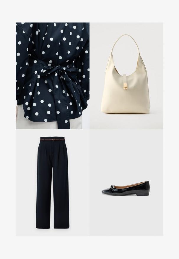 Gros plan d'un vêtement noir à pois blancs noué à la taille avec un nœud, montrant une partie des manches et de l'ourlet inférieur.; Pantalon noir taille haute à jambes larges avec plis et une fine ceinture tressée marron, présenté sur un fond blanc.; Ballerines en cuir verni noir avec un bout pointu, un petit nœud à l'avant et un petit talon carré. Texture lisse et brillante.; Sac hobo en cuir couleur crème avec une seule bandoulière, texture lisse et un détail de fermoir doré à l'avant.