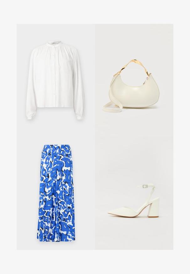 Blusa blanca de manga larga con cuello redondo y fruncido y cierre frontal con botones. Está hecha de una tela suave con mangas ligeramente abullonadas.; Falda larga con un patrón abstracto en azul y blanco, fabricada en un tejido ligero, con una cinturilla ancha y un silueta recta con aberturas laterales.; Sandalia blanca de tacón con puntera afilada, correa ajustable en el tobillo y un tacón cuadrado grueso. Textura lisa con detalles de costura mínimos.; Bolso en forma de media luna de color crema con asa corta brillante dorada y correa larga a juego sobre un fondo liso y claro.