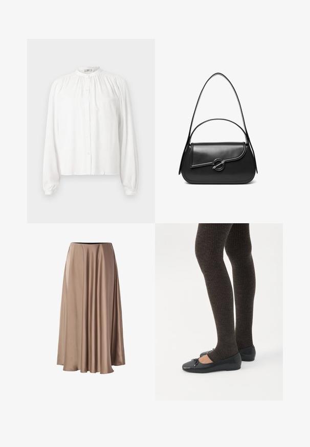 Blusa blanca de manga larga con cuello redondo y fruncido y cierre frontal con botones. Está hecha de una tela suave con mangas ligeramente abullonadas.; Larga falda en línea A hecha de una tela suave y brillante en un color beige claro. Presenta una cintura elástica y un diseño drapeado y fluido.; Piernas con leggings oscuros acanalados combinados con bailarinas negras que presentan pequeños detalles de lazo sobre un fondo blanco.; Bolso de hombro de cuero negro con una solapa curva asegurada por un broche metálico redondo y una correa delgada y ajustable.