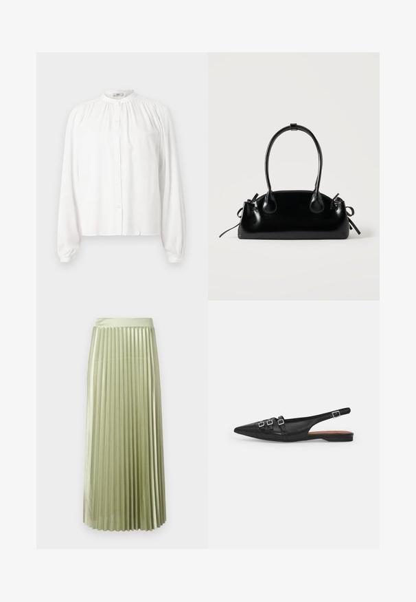 Blusa blanca de manga larga con cuello redondo y fruncido y cierre frontal con botones. Está hecha de una tela suave con mangas ligeramente abullonadas.; Falda midi plisada en satén verde claro con una textura suave. Cintura ajustada, cae hasta la mitad de la pantorrilla, con pliegues verticales uniformes en toda la prenda.; Zapato plano slingback de cuero negro con puntera puntiaguda, que presenta dos correas horizontales y hebillas plateadas cuadradas, tacón bajo y textura suave.; Pequeño bolso negro brillante con dos asas largas y detalles de cordón lateral sobre un fondo claro liso.