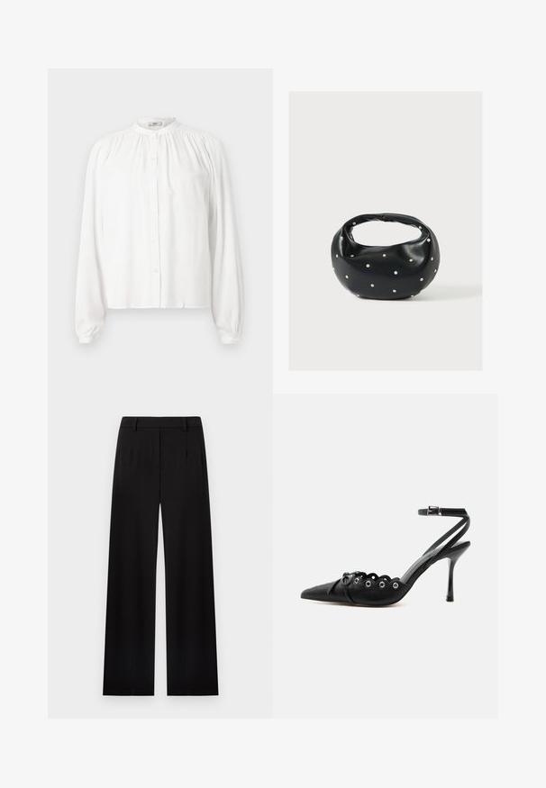 Blusa blanca de manga larga con cuello redondo y fruncido y cierre frontal con botones. Está hecha de una tela suave con mangas ligeramente abullonadas.; Pantalones negros de pierna ancha, entallados, con trabillas para cinturón y pliegues delanteros, exhibidos sobre un fondo blanco.; Zapato de tacón alto negro con punta fina, bordes ondulados, ojales metálicos, cordones delanteros y una correa en el tobillo con cierre de hebilla.; Bolso de mano de cuero negro con forma redondeada, decorado con detalles de tachuelas plateadas y un asa corta. Textura lisa y cierre con cremallera.