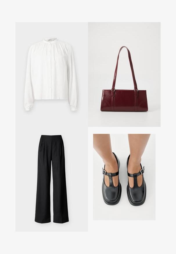 Blusa blanca de manga larga con cuello redondo y fruncido y cierre frontal con botones. Está hecha de una tela suave con mangas ligeramente abullonadas.; Pantalones negros de talle alto y pierna ancha con pliegues delanteros y bolsillos laterales, exhibidos sobre un fondo claro y liso.; Zapatos de cuero negro con diseño de correa en T, punta cerrada y detalles de hebilla plateada. Textura lisa con punta redondeada y suela plana.; Bolso burdeos hecho de material brillante, de forma rectangular, con dos asas para el hombro y sutiles acentos curvados en la parte frontal.