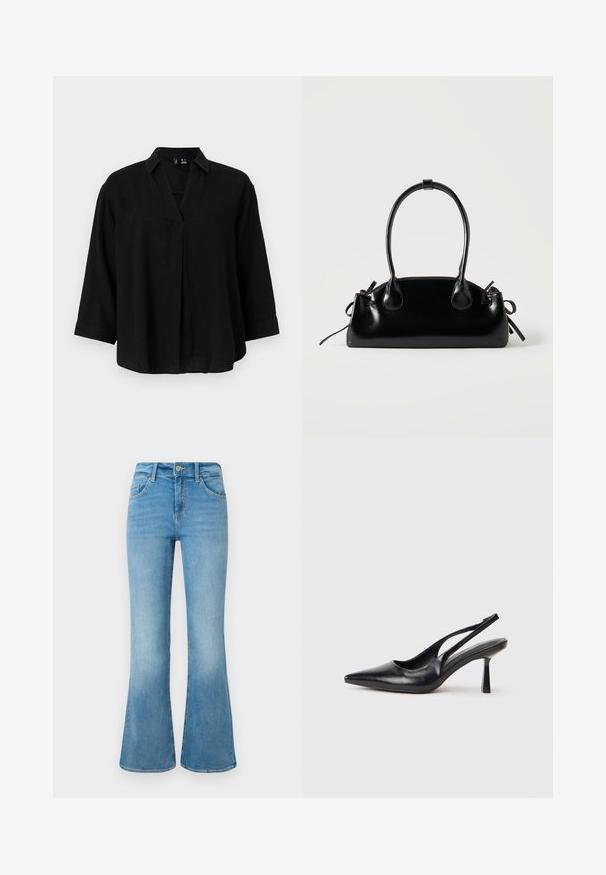 Blouse en lin noir avec un col, manches ¾ et un pli avant. Texture douce et coupe décontractée.; Jean flare en denim bleu clair avec poches avant, passants de ceinture et fermeture à bouton sur un fond blanc.; Chaussure à talon haut en cuir noir, à bride arrière, avec un bout pointu et un talon fin sur fond blanc.; Petit sac à main noir brillant avec deux longues anses et des détails à cordon sur les côtés sur un fond clair uni.