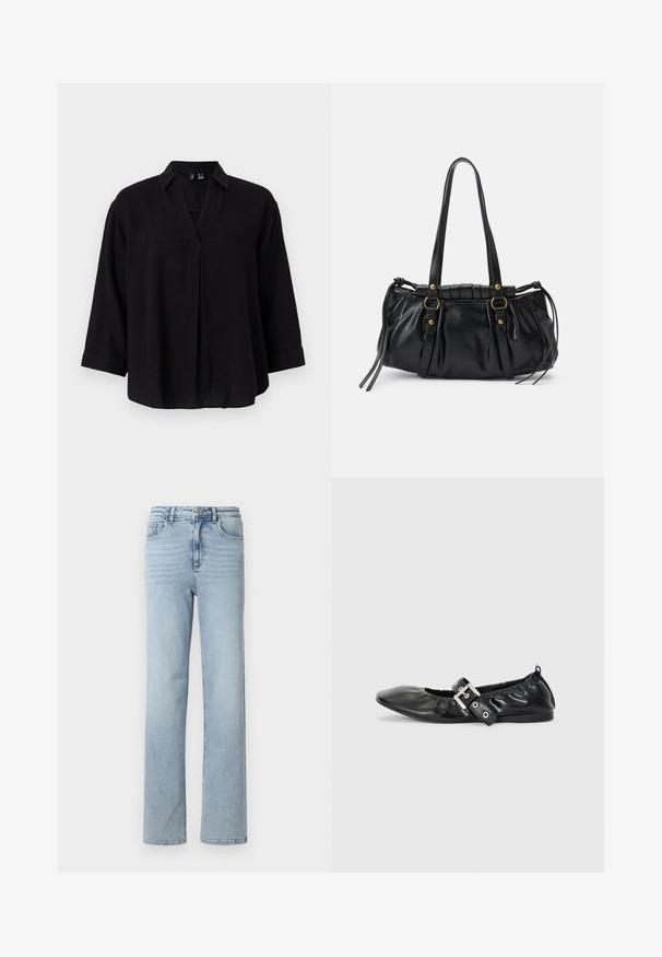 Blouse en lin noir avec un col, manches ¾ et un pli avant. Texture douce et coupe décontractée.; Jean en denim bleu clair avec une coupe droite, design classique à cinq poches, et une fermeture à bouton et zip à la taille.; Chaussure plate en cuir noir avec un nez pointu, des détails froncés autour de l'ouverture et un accent en boucle argentée sur la bride ajustable.; Sac à main en cuir noir avec une forme arrondie, deux poignées, des accents en matériel décoratif et des détails de liens sur les côtés. Texture lisse et brillante.