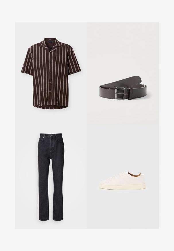 Chemise marron à manches courtes avec des rayures verticales blanches et un col de style camp, présentée à plat sur un fond clair.; Jean en denim noir taille haute avec fermeture à bouton et à glissière, poches avant et arrière, et coupe droite.; Baskets blanches basses avec un design à lacets, des détails de couture minimalistes, et une semelle couleur crème sur un fond gris clair.; Ceinture en cuir brun foncé roulée avec une boucle métallique carrée et des coutures visibles le long des bords.
