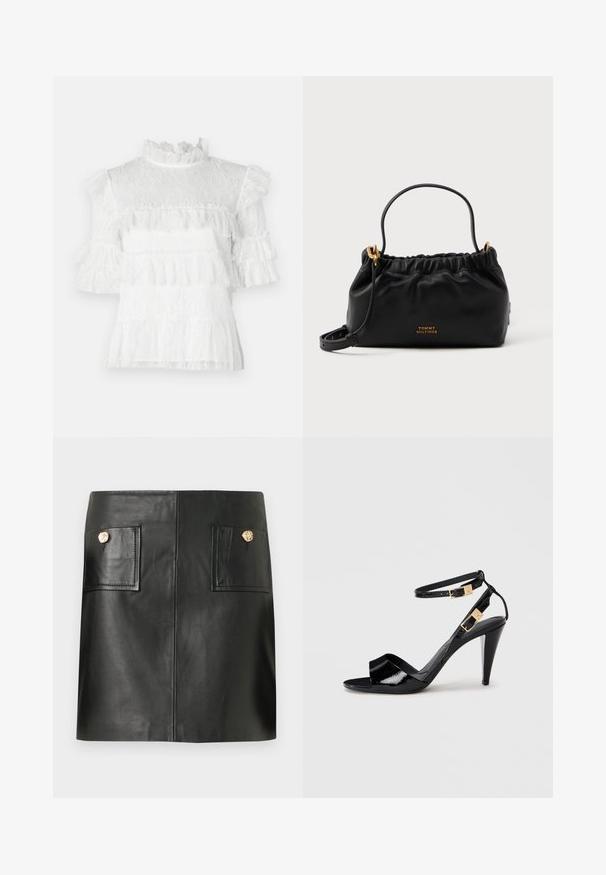 Blusa blanca de encaje con mangas cortas con volantes, cuello alto y detalles de volante en capas. Patrón floral texturizado en toda la prenda.; Minifalda de cuero negro con bolsillos delanteros de parche, cada uno asegurado con un solo botón redondo dorado.; Sандalia de tacón alto de charol negro con dobles correas en el tobillo y hebillas doradas, punta abierta y tacón delgado y afilado sobre un fondo neutro.; Bolso de piel negra con parte superior fruncida, una asa corta y una correa de hombro removible. Presenta un acento de logo dorado y una textura suave.