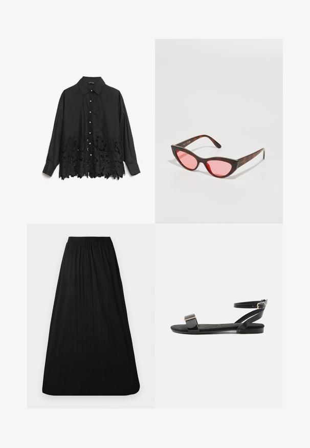 Sort button-up skjorte med en glat overdel og en blondekant med blomster mønstre. Kraven er struktureret, med perle-lignende knapper ned ad fronten.; Lang sort nederdel med elastisk talje og bløde plisseringer, lavet af letvægtsstof.; Flad sort sandal med ankelrem og guldbeslag, en bred tårem med matchende guldbeslag og tynd sål.; Kattesynssolbriller med en mørk skildpaddemønstret ramme og pink linser. Glat overflade med en let buet design og diskret branding på siden.