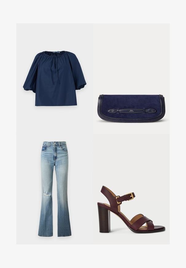 Blouse bleu marine avec encolure élastiquée froncée, détail noué à l'avant, manches bouffantes longueur coude et ourlet droit.; Jean en denim bleu clair taille haute avec légère décoloration, détail usé au genou gauche et jambes évasées.; Sandale à talons hauts en cuir bordeaux avec une sangle à boucle et des bandes croisées à l'avant. Dotée d'un talon bloc texturé marron.; Pochette bleu marine avec garniture en cuir et coutures blanches, avec logo Polo by Ralph Lauren sur le détail de la poignée avant.