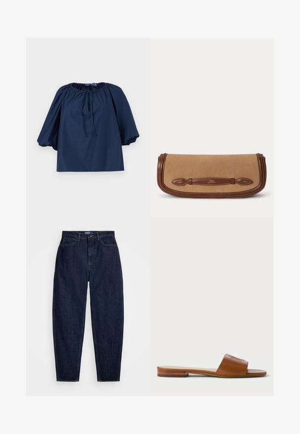 Blouse bleu marine avec encolure élastiquée froncée, détail noué à l'avant, manches bouffantes longueur coude et ourlet droit.; Jeans en denim bleu marine avec une coupe droite, dotés de surpiqûres orange, d'une fermeture à bouton à l'avant et de cinq poches.; Chausson en cuir tan avec une large bride et des détails en relief, semelle plate avec un léger accent en bois au talon, design minimaliste.; Pochette en tissu beige avec garniture et poignée en cuir marron embossées du logo Polo by Ralph Lauren.