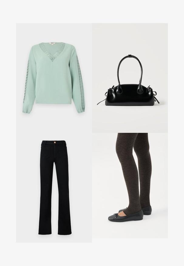 Blouse vert clair à manches longues avec col en V et détails en dentelle le long du col et des deux manches.; Jean droit noir taille haute avec poches avant plaquées et fermeture à bouton en cuivre sur un fond neutre.; Jambes portant des leggings côtelés foncés associés à des ballerines noires avec de petits détails en nœud sur fond blanc.; Petit sac à main noir brillant avec deux longues anses et des détails à cordon sur les côtés sur un fond clair uni.