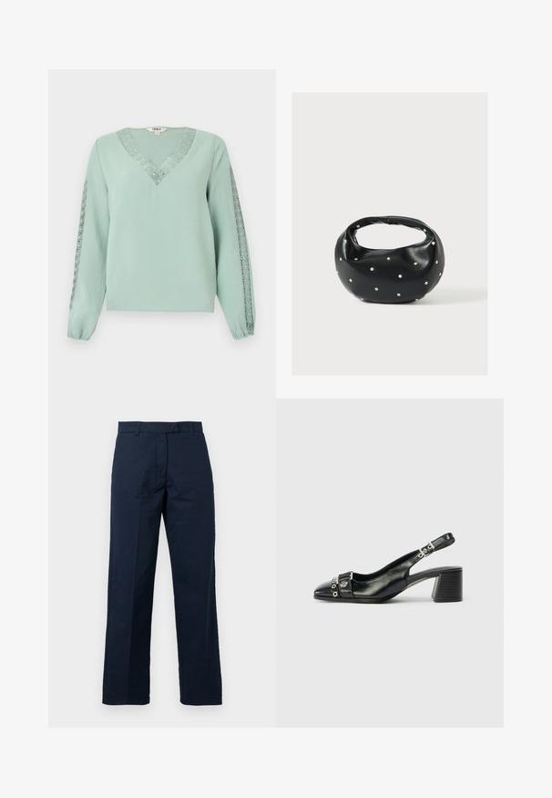 Blouse vert clair à manches longues avec col en V et détails en dentelle le long du col et des deux manches.; Pantalons en coton bleu marine avec une coupe droite, front plat et passants de ceinture ; présentent une texture lisse et un détail de pli pressé.; Sandale à talon en cuir noir avec un bout pointu, une sangle texturée ornée d'accents métalliques circulaires et un talon empilé.; Sac à main en cuir noir de forme arrondie, décoré de clous argentés et équipé d'une poignée courte. Texture lisse et fermeture éclair.